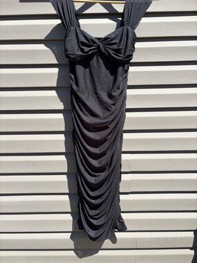 Hello Molly Black Ruched Midi Dress with Twist Bodice. 
Perfect Stunning Fit.
